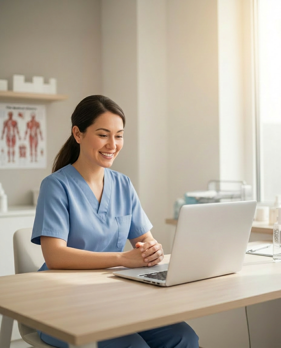 A care coordinator in a bright, sunlit clinic office speaking warmly on a video call with a laptop.