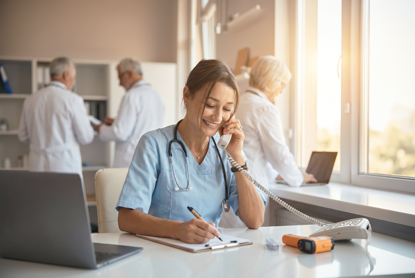A smiling nurse in blue scrubs taking notes on a clipboard while on a phone call in a sunlit clinic office, with physicians collaborating in the background.
