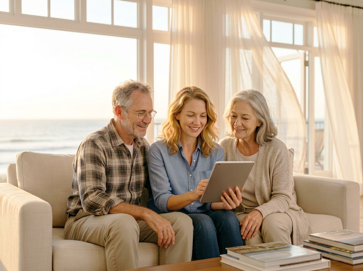 An adult daughter sitting on a sunlit coastal living room sofa between her elderly parents, reviewing information together on a tablet with the ocean visible through the windows.