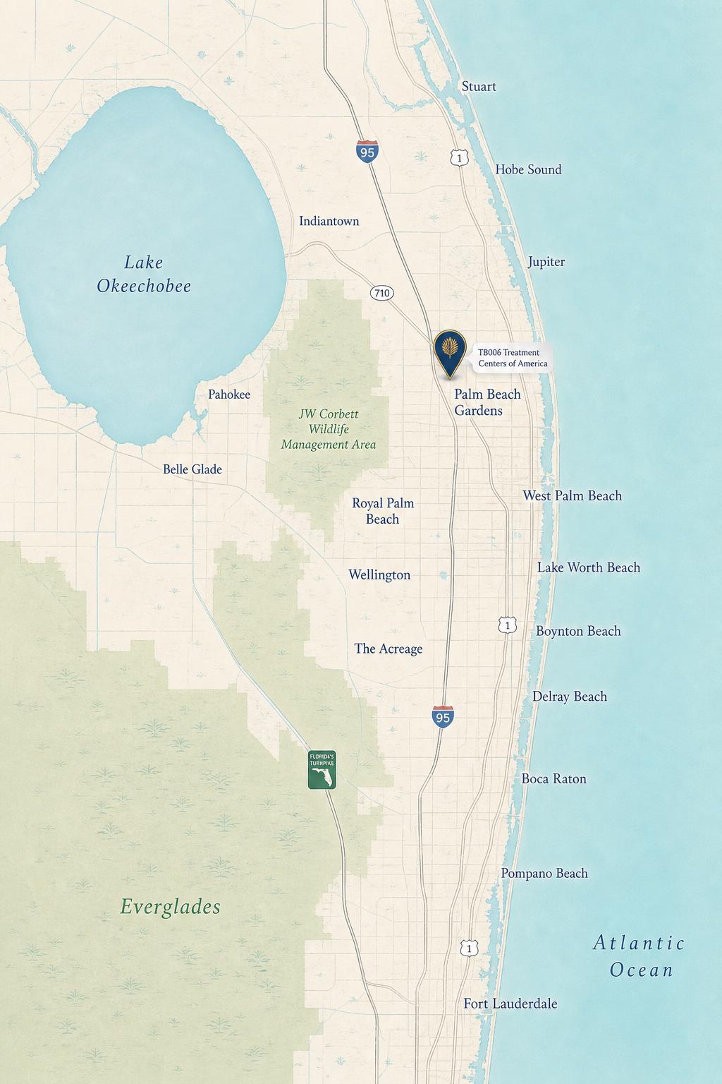 Editorial illustrated map of Palm Beach Gardens, Florida showing the coastline, Intracoastal Waterway, and major roads.