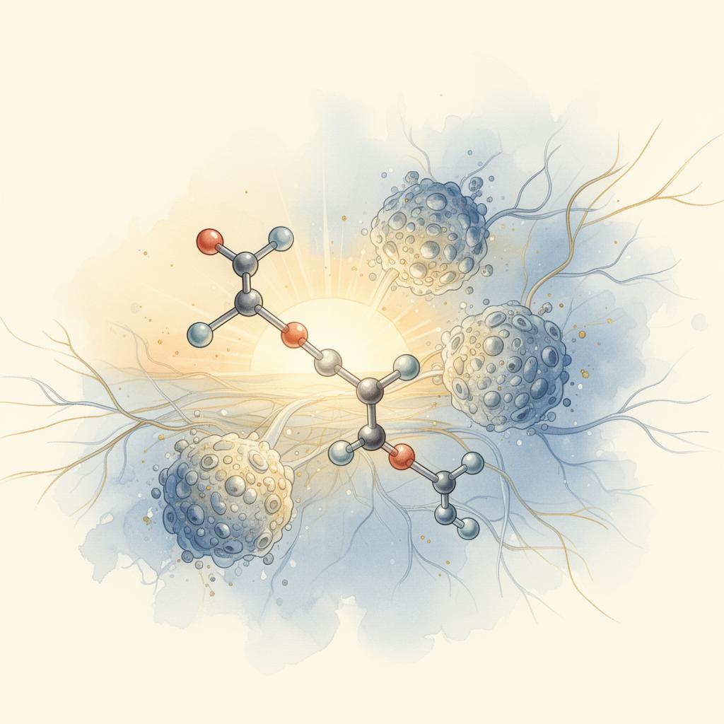 Abstract watercolor illustration of a monoclonal antibody interacting with stylized cellular structures and faint neural pathways.